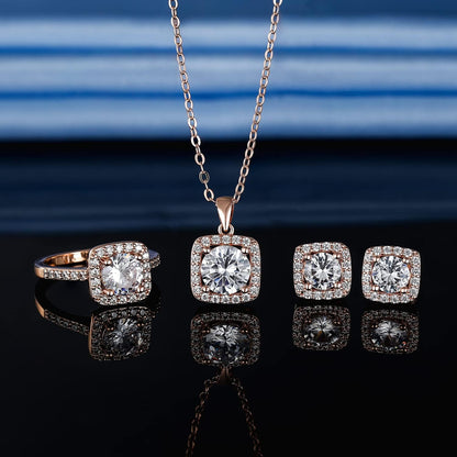 Jewelry Set for Women, 18K Rose Gold Plated Halo Cubic Zirconia Necklace/Earrings/Rings Wedding Hypoallergenic Jewelry Three-In-One