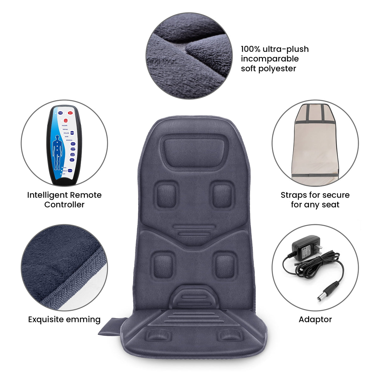 Vibration Massage Seat Cushion, 10 Motors Back Massager with Heat Chair Pad, Deep Gray