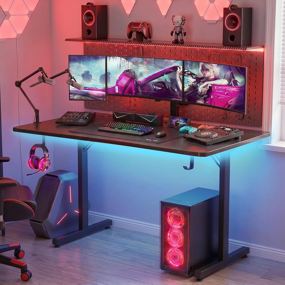 Gaming Desk 55 Inch with LED Lights, Large Computer Desk with Mouse Pad for Home Office, T-Shaped Carbon Fibre Surface PC Game Workstations with Headphone Hook