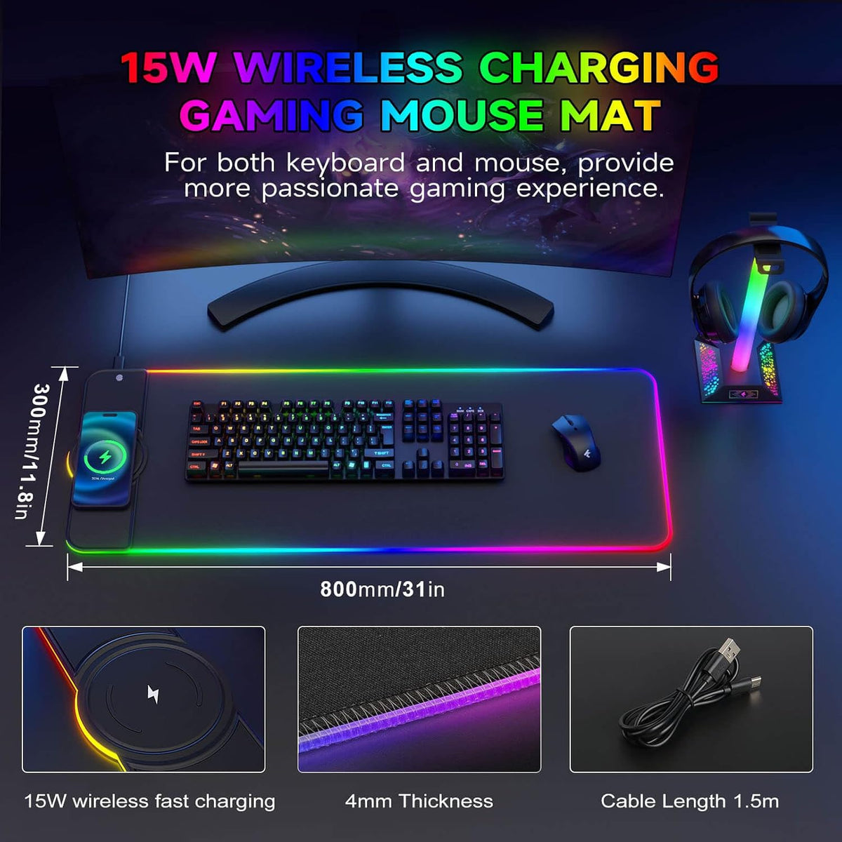 Charging RGB Gaming Mouse Pad - Wireless 15W Mousepad LED Extra Large Mouse Mat 80 * 30Cm, 10 Light Modes Gaming Room Accessories, Computer Keyboard Mat Fast Charging Desk Mat for Gaming, Black