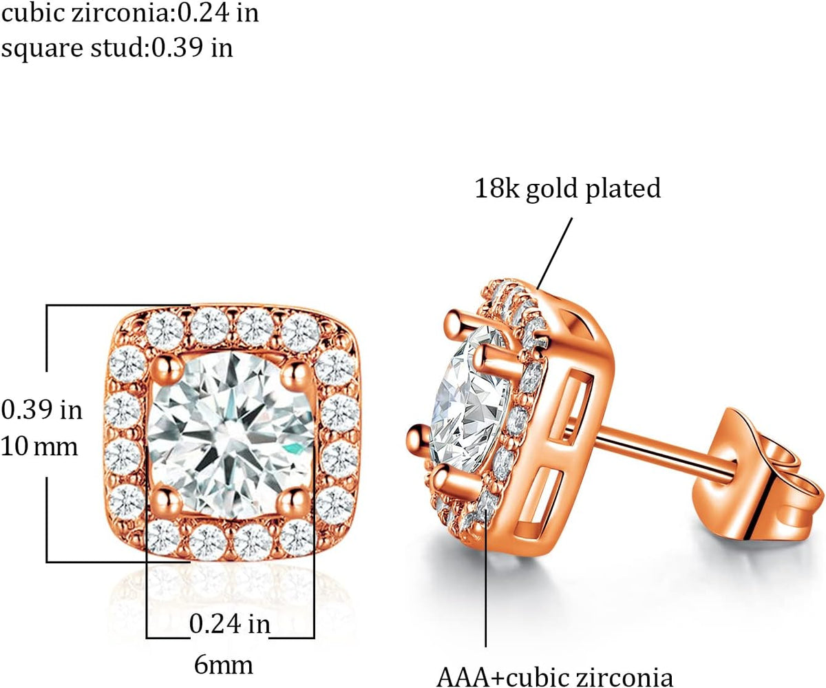Jewelry Set for Women, 18K Rose Gold Plated Halo Cubic Zirconia Necklace/Earrings/Rings Wedding Hypoallergenic Jewelry Three-In-One