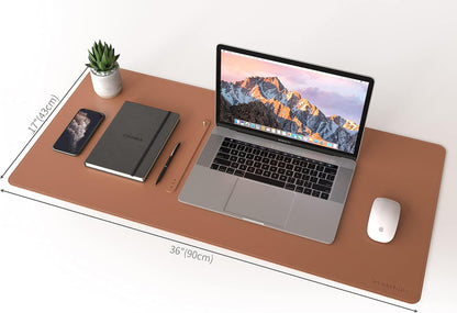 Dual-Sided Desk Pad, Natural Cork & PU Leather Large Mouse Mats for Office and Home Work, Desk Protector Non-Slip, Waterproof, Easy Clean (Brown, 36"X17")