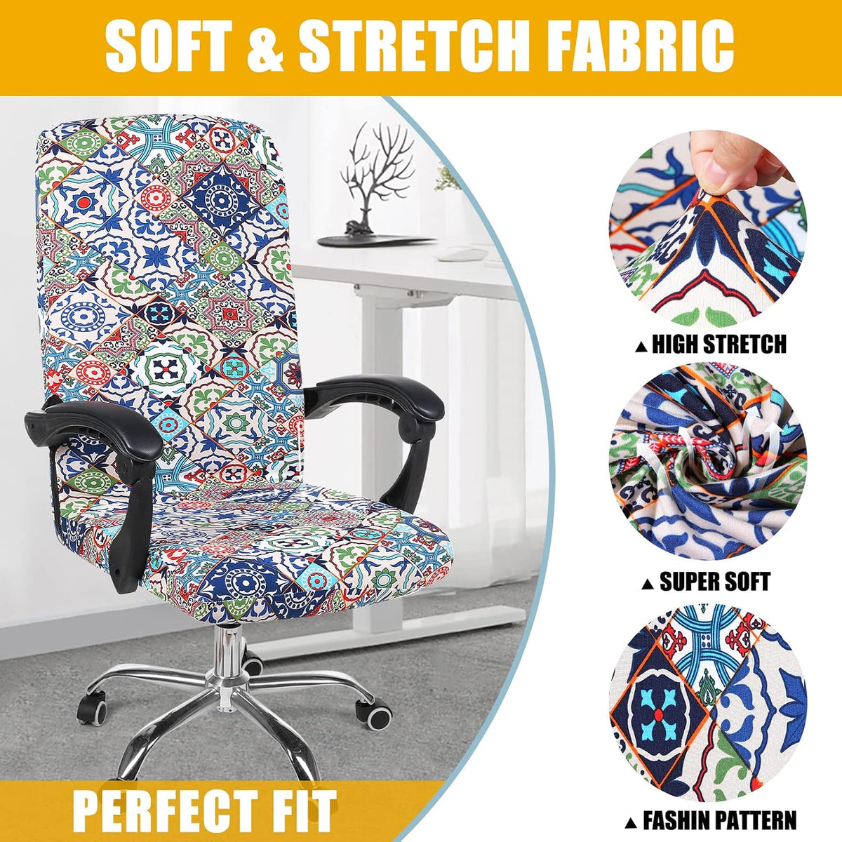 Stretch Printed Office Computer Desk Chair Covers, Colorful