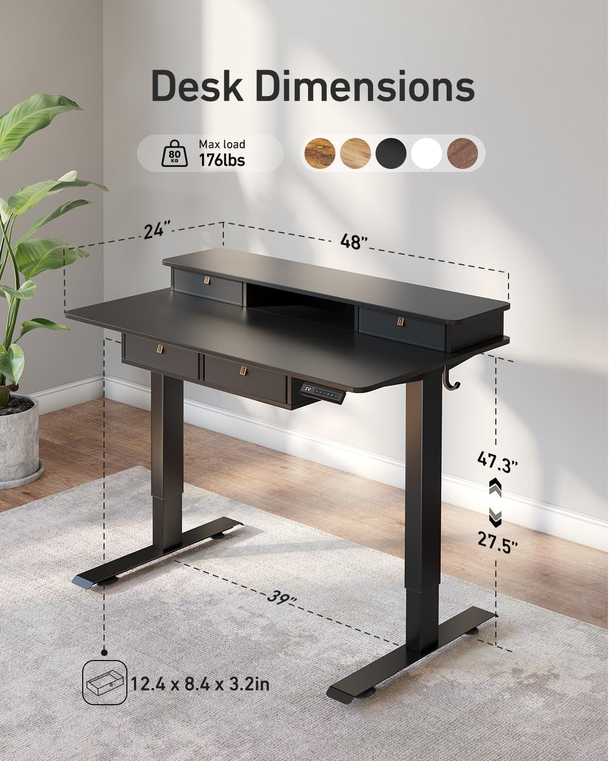 48" X 24" Standing Electric Desk with Drawers, Black