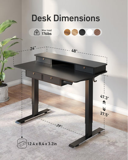 48" X 24" Standing Electric Desk with Drawers, Black