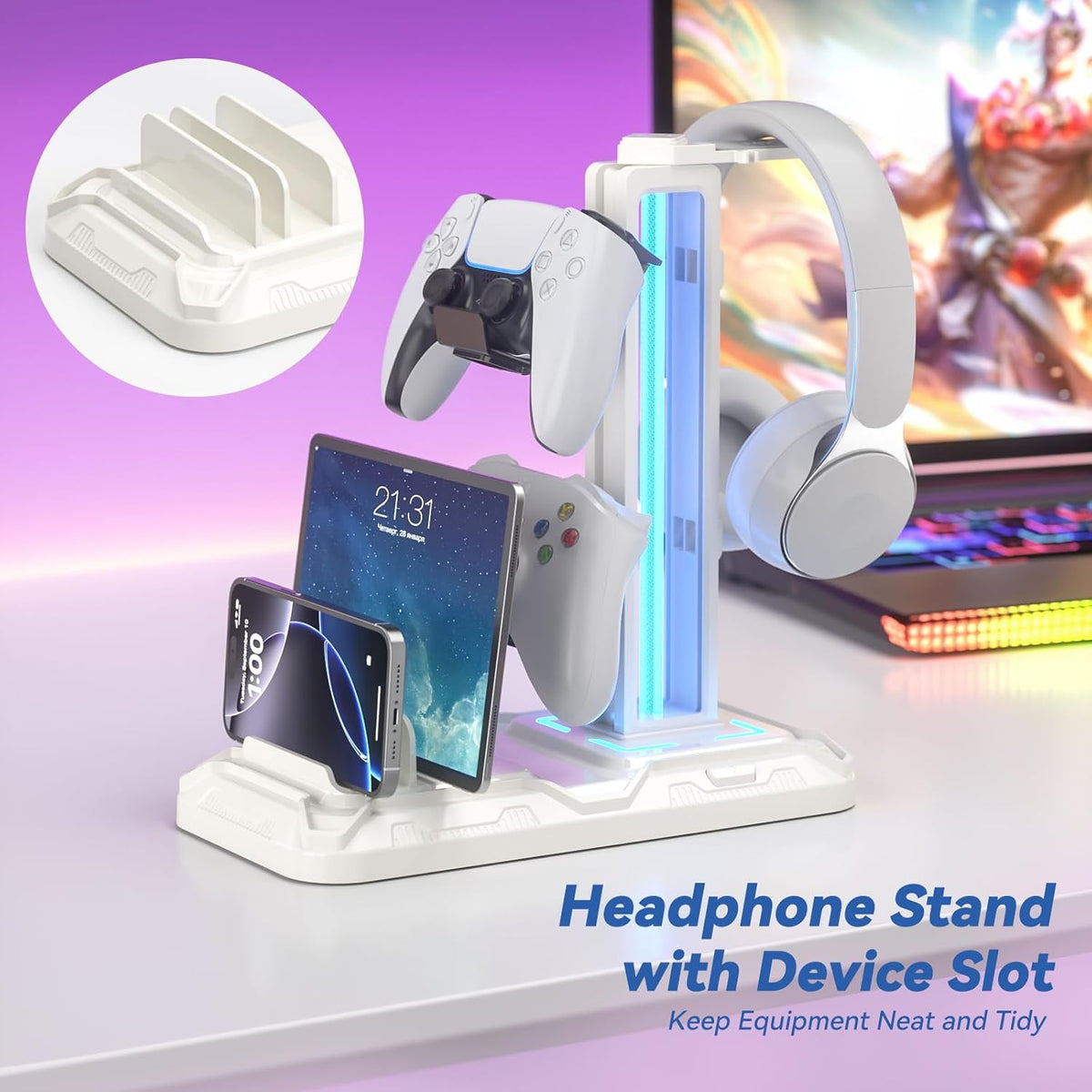 Headset Stand with Charging Station - Detachable Controller Holder with 9 Light Modes - Rotatable Headphone Hanger with USB A&C Charger Ports - Earphone Hook for PC Gaming Accessories Storage