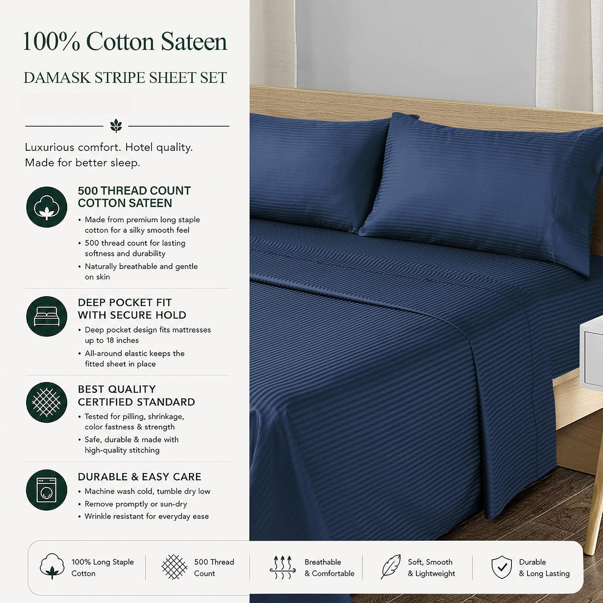 Feather & Stitch 100% Cotton Sateen 500 TC Cal King Size Bed Sheet Set