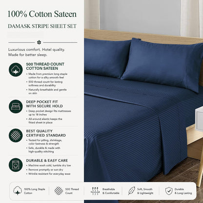 Feather & Stitch 100% Cotton Sateen 500 TC Cal King Size Bed Sheet Set