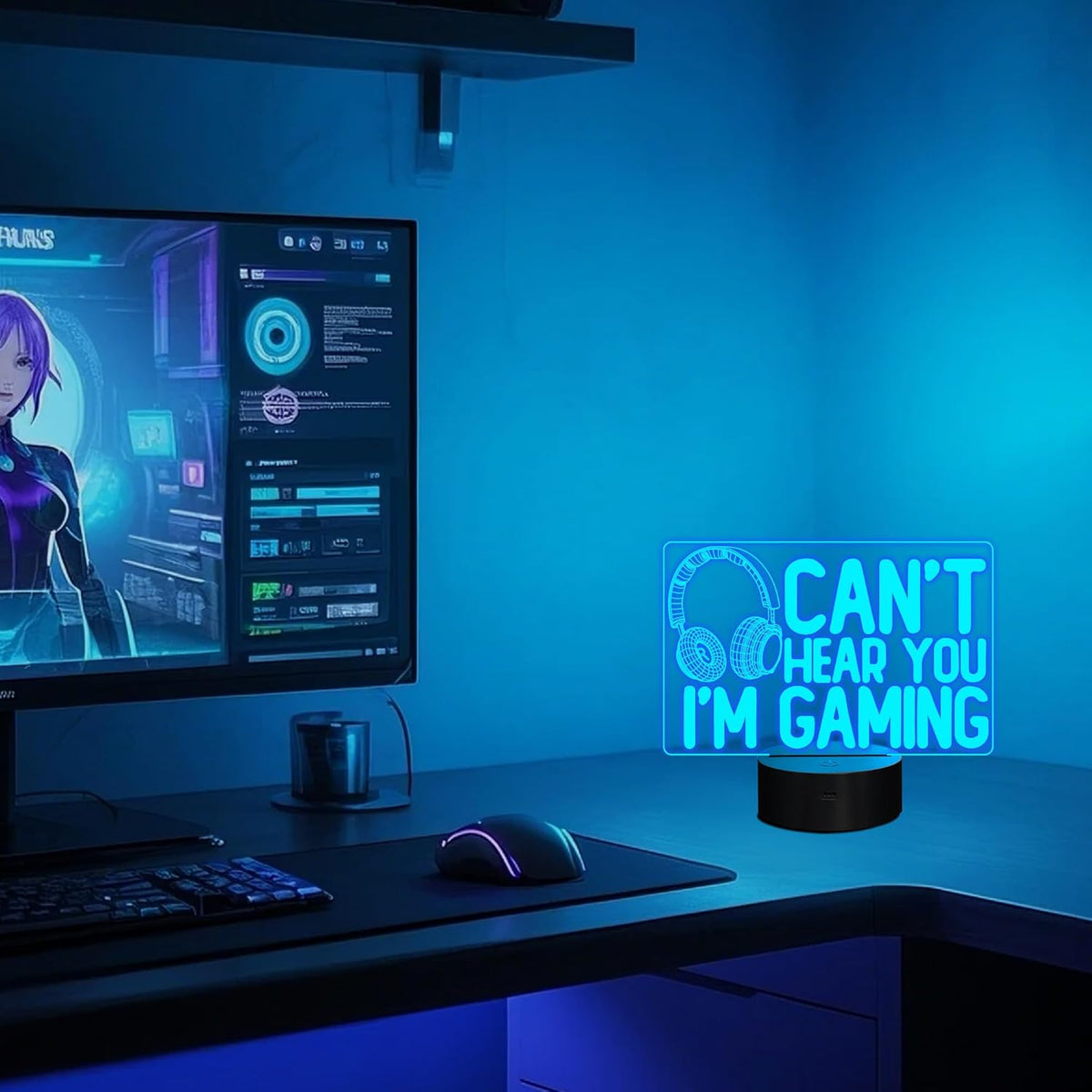 Can'T Hear You I'M Gaming Night Light, Headset Graphic Video Games Gamer Gift Funny 3D Illusion Lamp 16 Colors Changing Touch & Remote Control for Men Gamers Teenagers and Kids