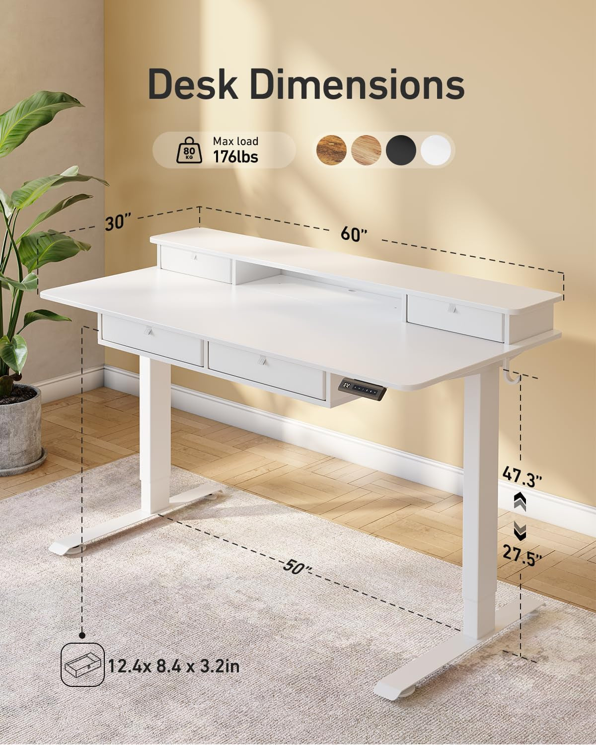 60" X 30" Standing Electric Desk with Drawers, White