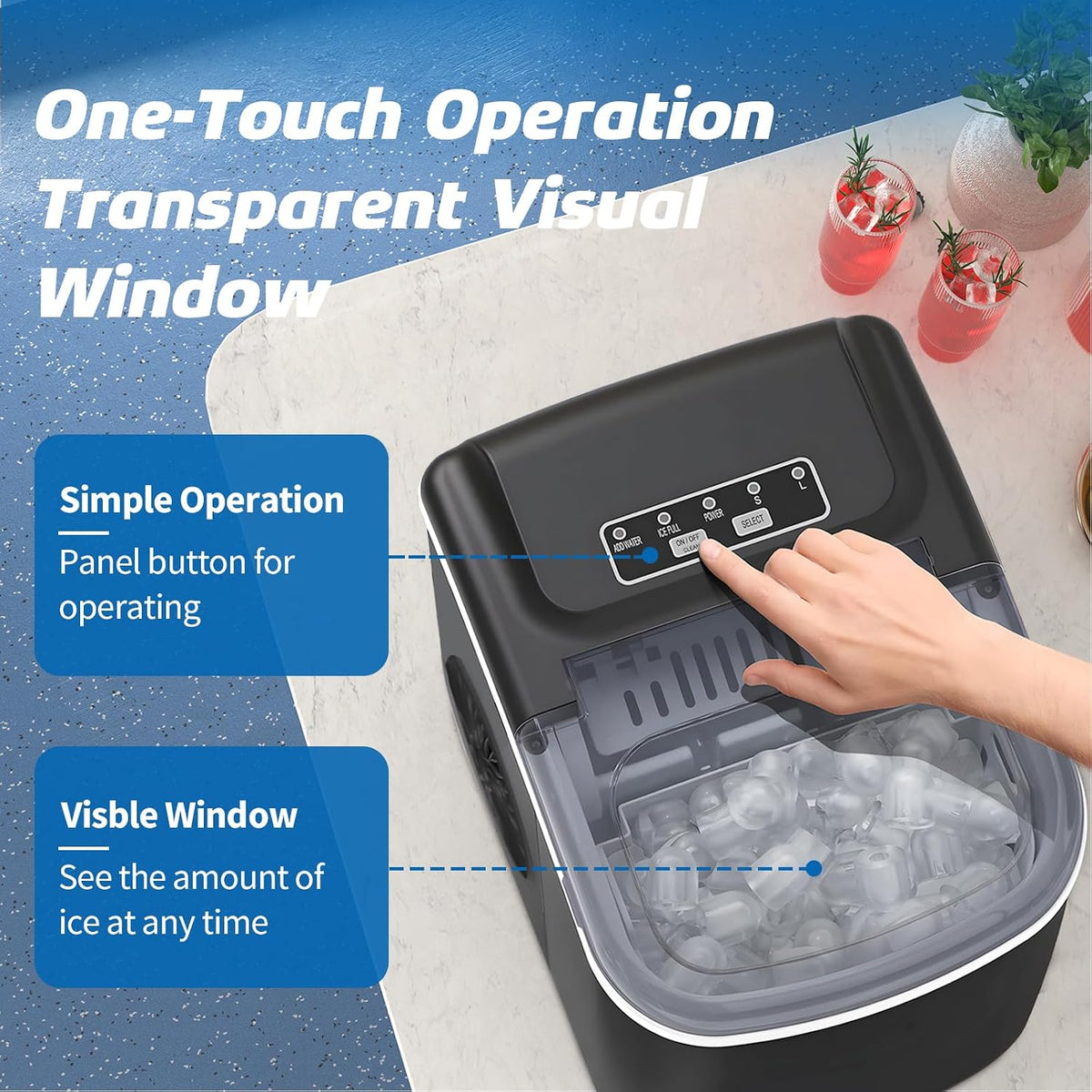 Ice Maker Countertop, 26Lbs in 24Hrs, 9 Ice Cubes Ready in 6 Mins with 2 Sizes of Bullet Ice, Auto-Cleaning Portable Ice Maker with Scoop & Basket, for Home/Kitchen/Camping/Rv. (Black)
