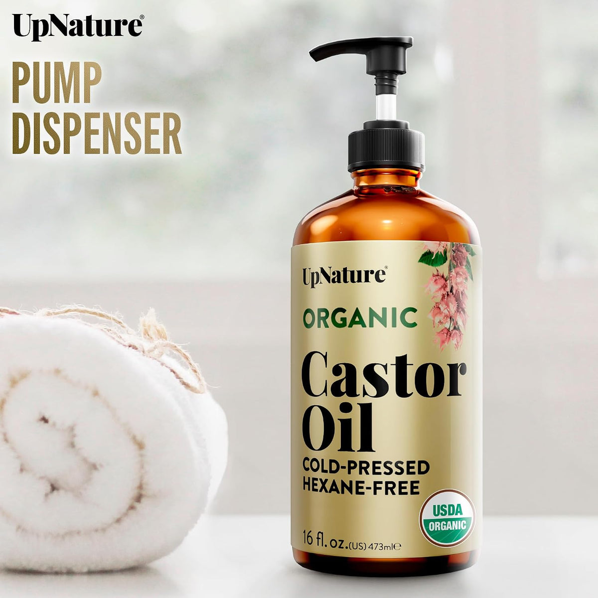 Organic Castor Oil, Cold Pressed Hexane-Free, 16Oz Glass Bottle