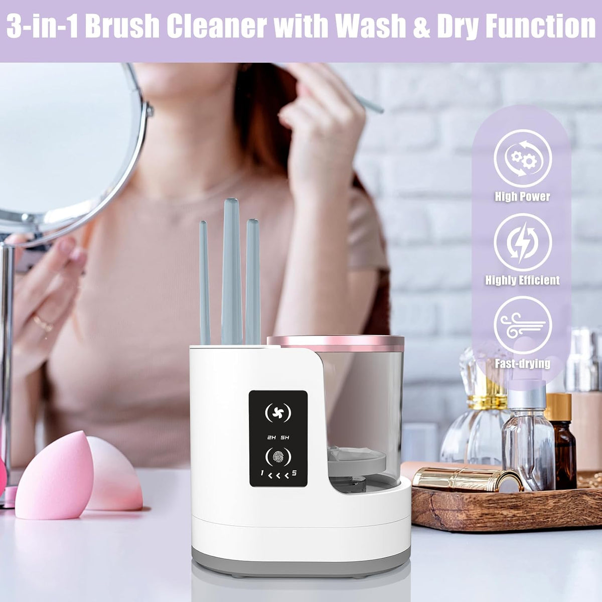 Electric Makeup Brush Cleaner, Automatic 3 In-1 Makeup Brush Dryer & Washer & Holder Combined, Portable Cosmetic Brush Cleaner Dryer Tool for All Size Makeup Brushes