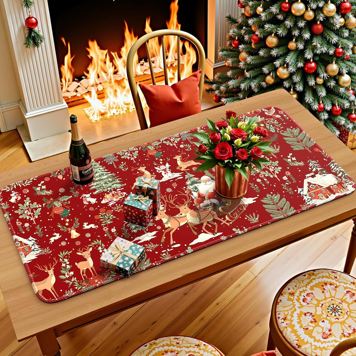 Christmas Desk Mat, Winter Forest Large Mouse Pad,Red