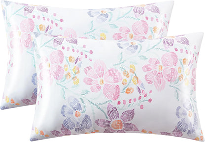 Satin Pillowcase for Hair and Skin - Multicolor Printed Flower Silk Pillowcase 2 Pack 20X26 Inches - Standard Size Satin Pillow Cases Set of 2 with Envelope Closure