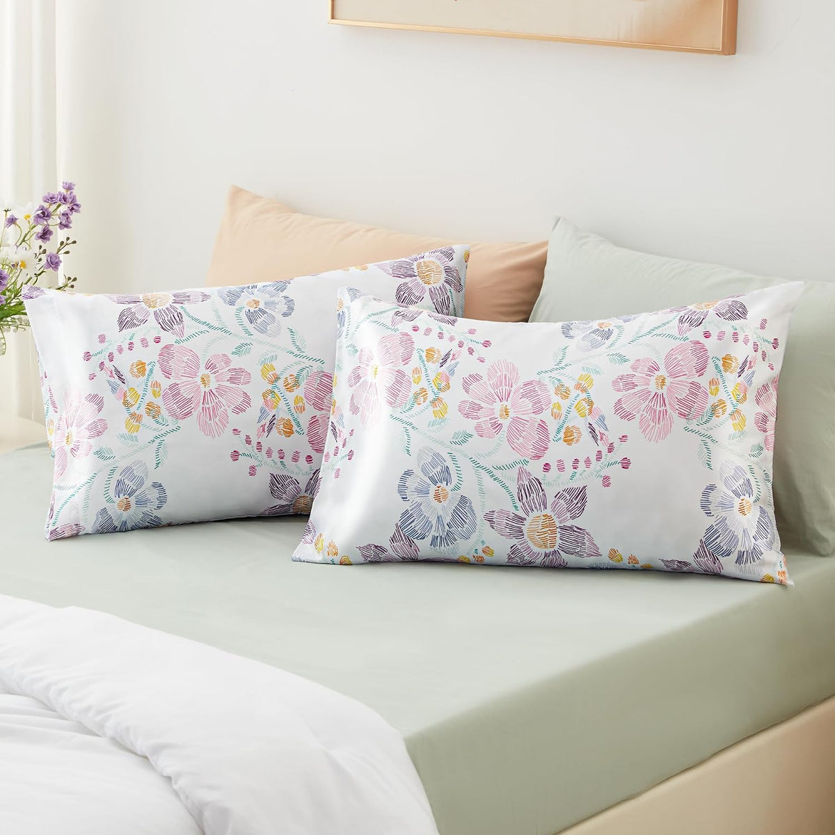 Satin Pillowcase for Hair and Skin - Multicolor Printed Flower Silk Pillowcase 2 Pack 20X26 Inches - Standard Size Satin Pillow Cases Set of 2 with Envelope Closure