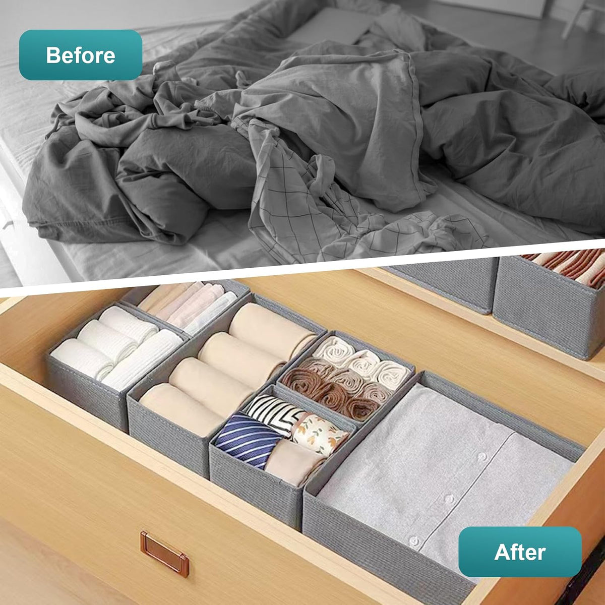 12 Pack Drawer Organizers Underwear Drawer Dividers Foldable Storage Boxes Fabric Closet Organizer Storage Cubes for Clothes Bras Socks Ties Cosmetics Stationeries Hair Accessories(Dark Grey)