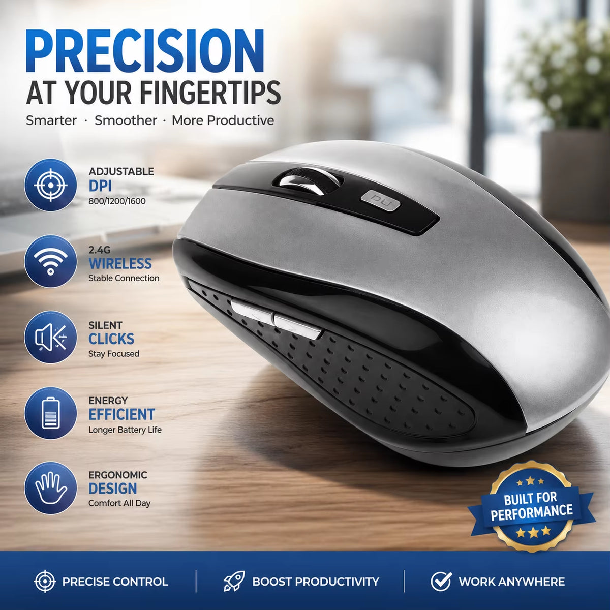 2.4Ghz Wireless Lightweight Optical Mouse DPI Adjustable Portable Ergonomic Design Computer Mouse for PC Computer Laptop Tablet