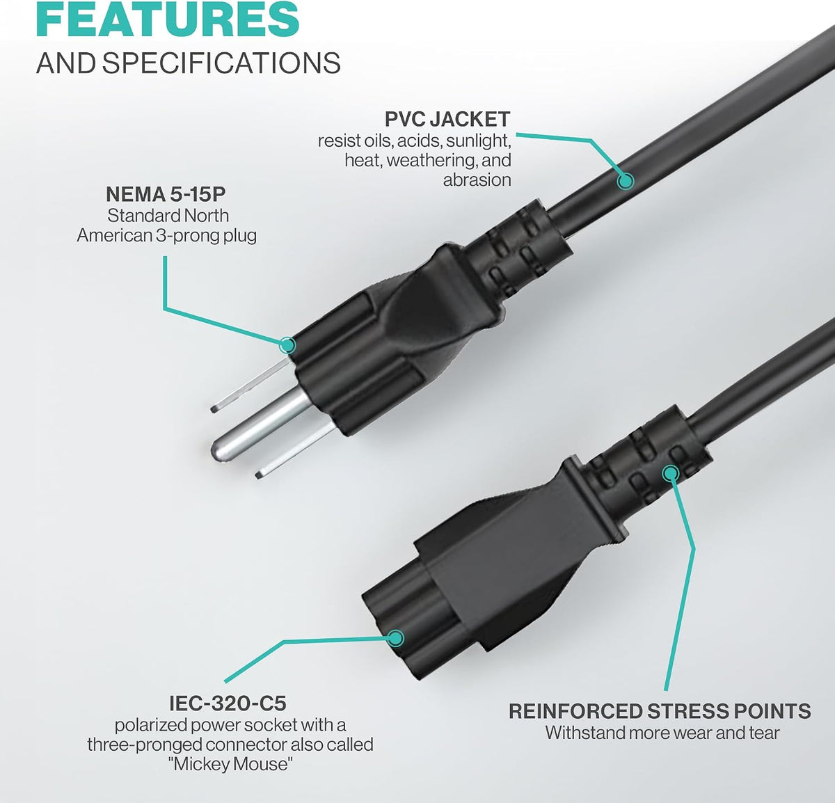 Standard 3Ft 3 Prong AC Laptop Power Cord 125 Volts Replacemenet C5 Charger Cable for Laptop, Notebook, Monitors, Projectors, Scanners