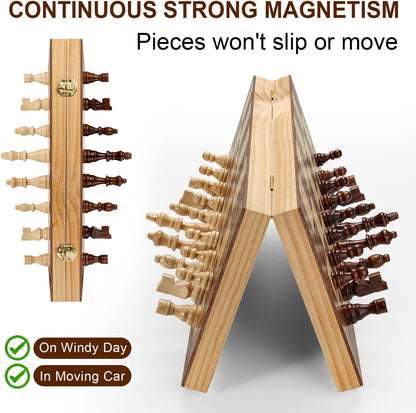 Magnetic Chess Set for Adults & Kids, 15" Wooden Folding Chess Boards, Handcrafted Portable Travel Chess Game with Pieces Storage Slots, 2 Extra Queens