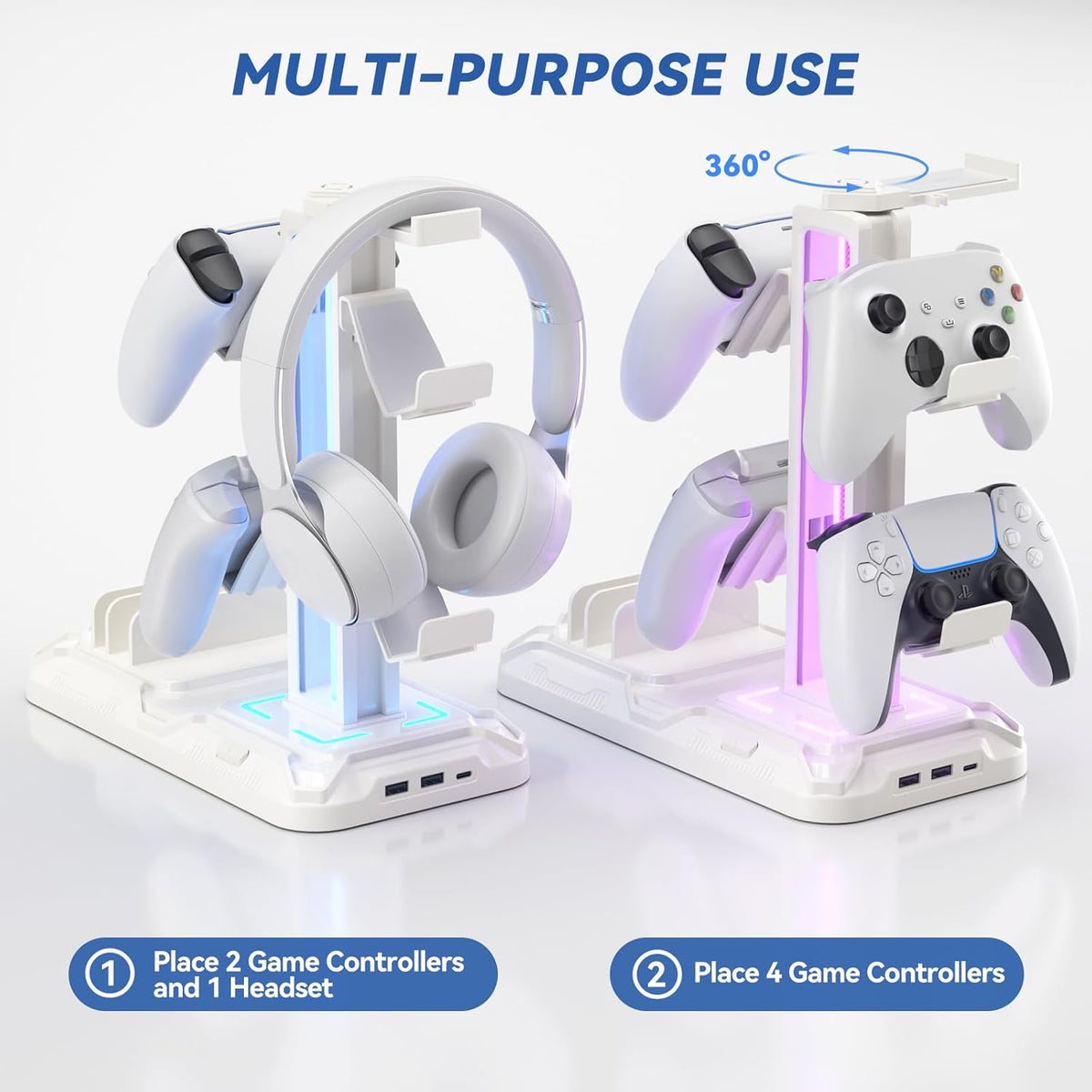 Headset Stand with Charging Station - Detachable Controller Holder with 9 Light Modes - Rotatable Headphone Hanger with USB A&C Charger Ports - Earphone Hook for PC Gaming Accessories Storage