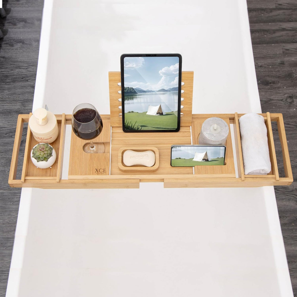 Bamboo Bathtub Caddy Tray with Book Stand & Soap Holder, Natural