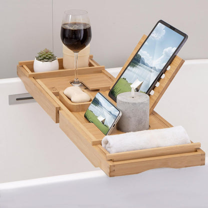 Bamboo Bathtub Caddy Tray with Book Stand & Soap Holder, Natural