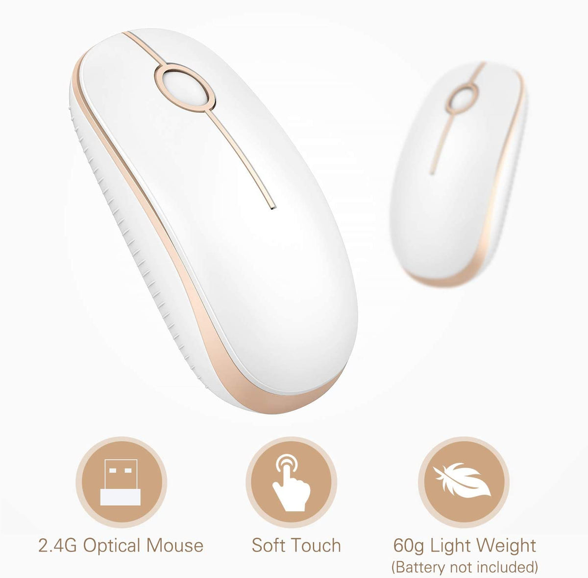 Wireless Mouse, 2.4G Slim Computer Laptop Mouse, White and Gold