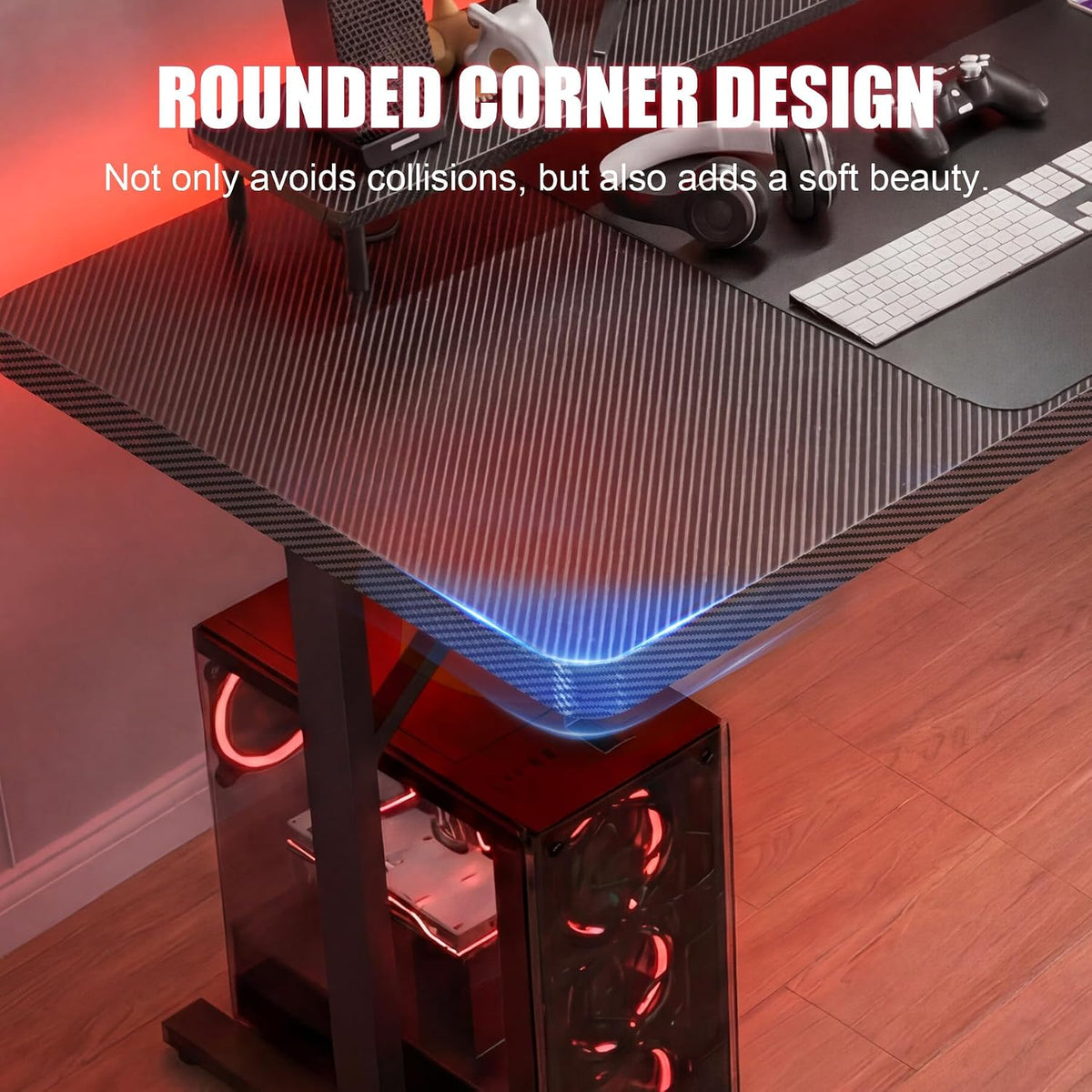Gaming Desk 55 Inch with LED Lights, Large Computer Desk with Mouse Pad for Home Office, T-Shaped Carbon Fibre Surface PC Game Workstations with Headphone Hook