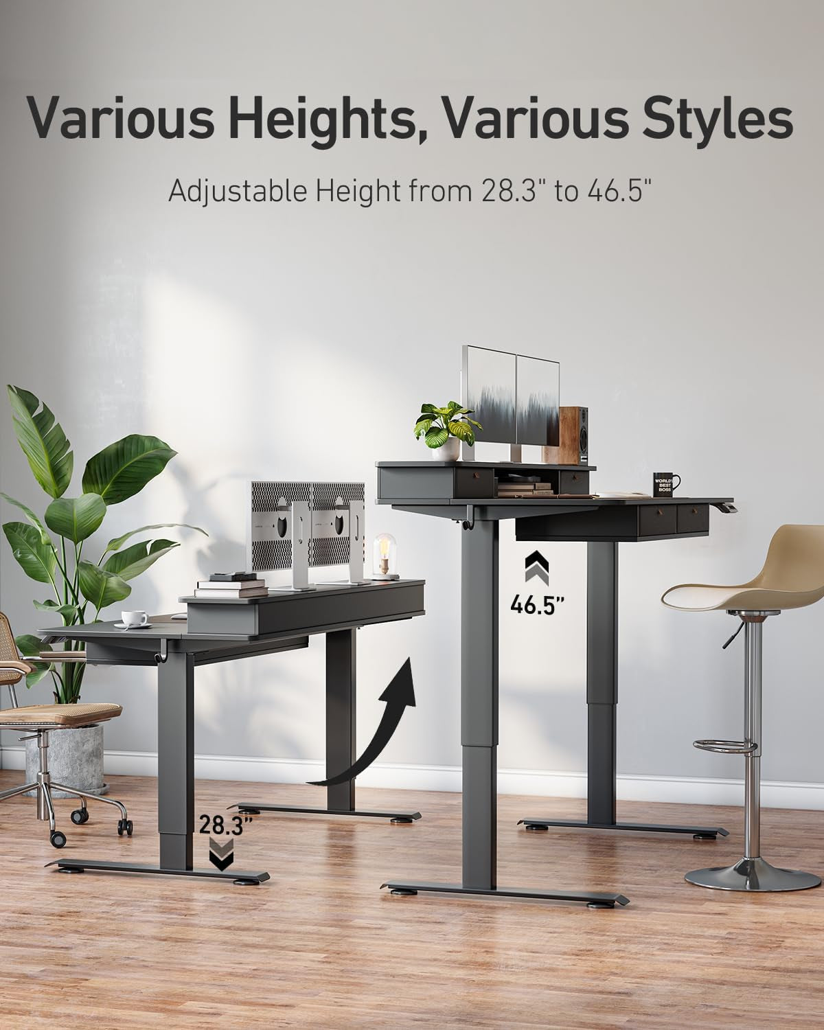 48" X 24" Standing Electric Desk with Drawers, Black